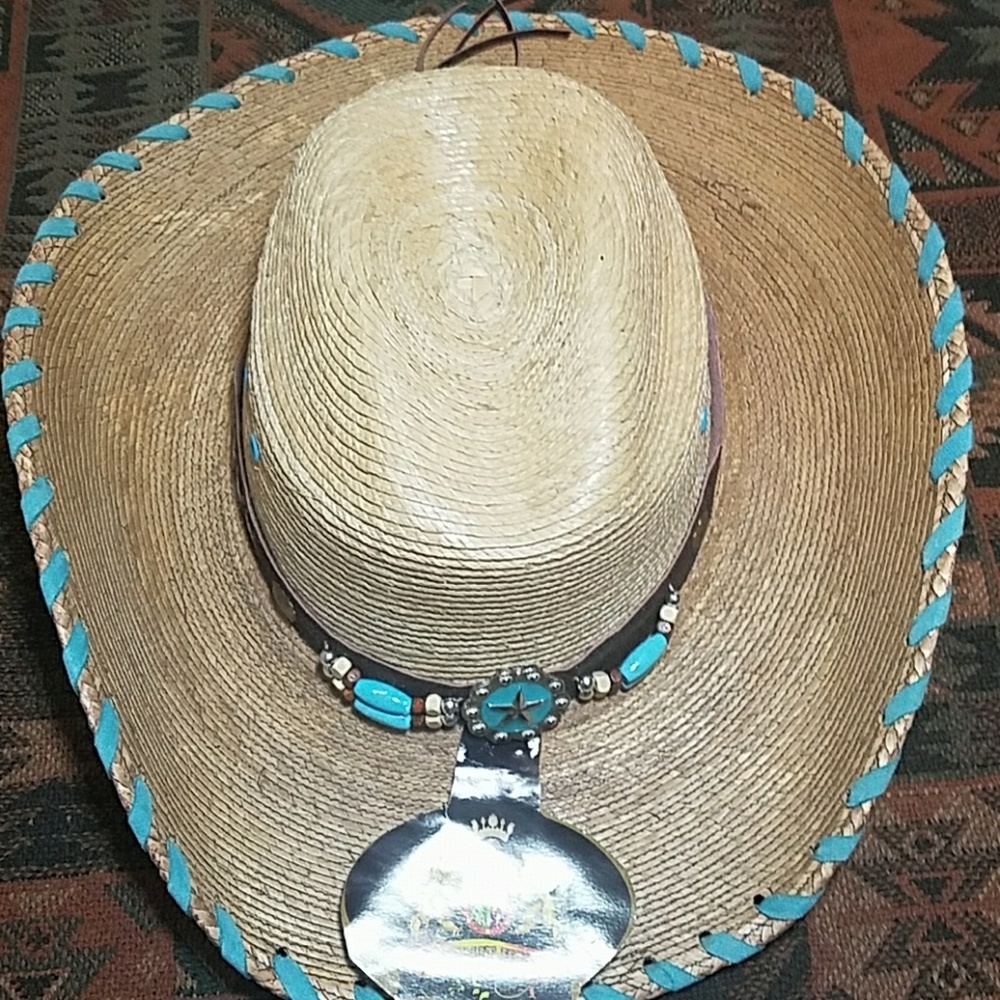 Turquoise laced palm leaf cowboy hat